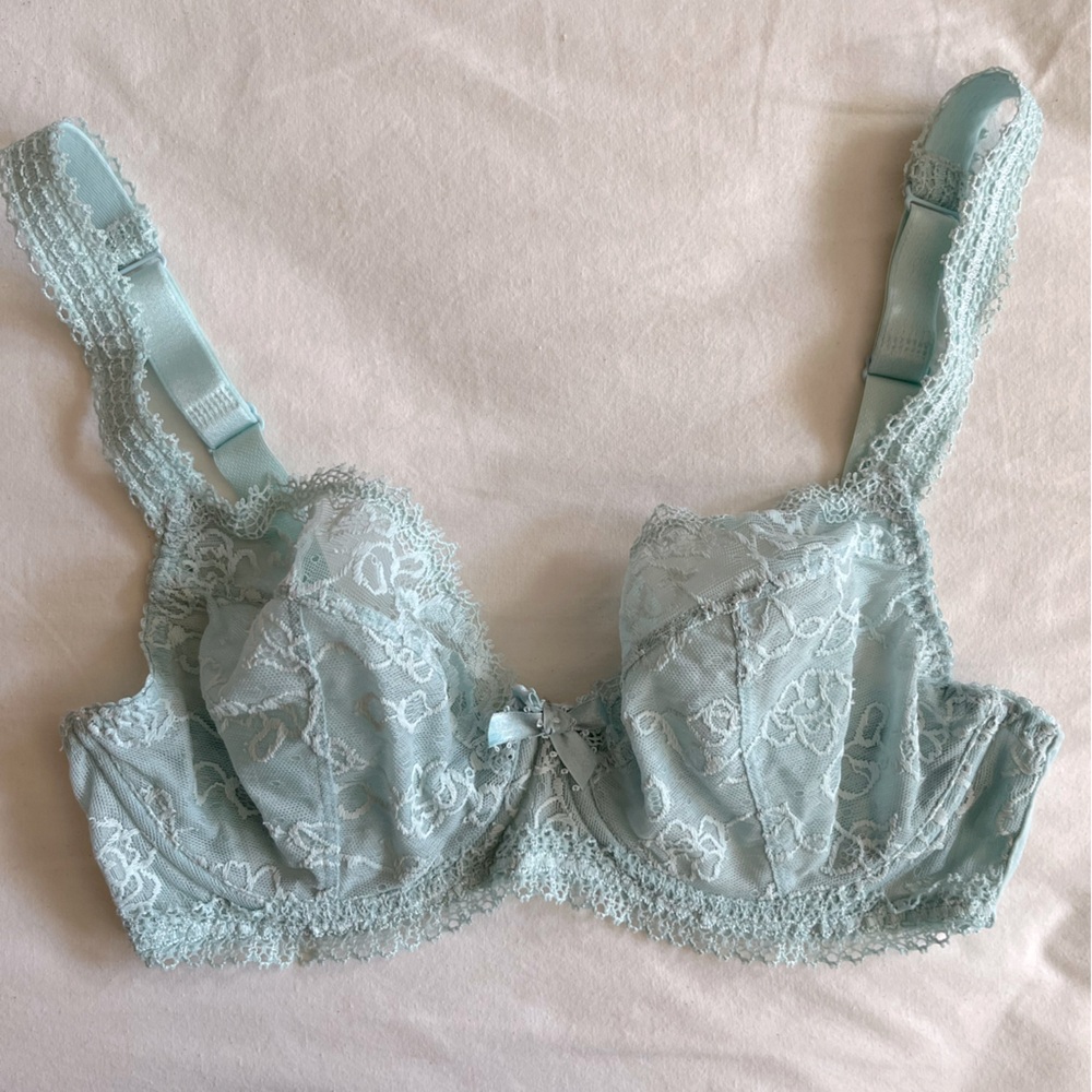 Vintage robin’s egg blue lace bra from Maison Lejaby’s Elixir line. 30F